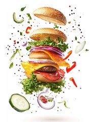 A Delicious Hamburger Exploded Showing All Its Individual Ingredients Beautifully