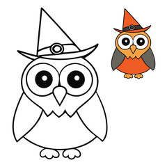 A cute owl wearing a Halloween hat, with big round eyes and fluffy feathers, perched on a branch under the moonlight, adding charm to the spooky season.
