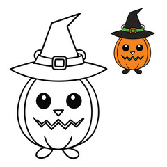 A spooky Halloween pumpkin wearing a black witch hat, with a curious black cat perched beside it—perfectly eerie and festive for Halloween night!