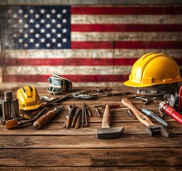 Highly detailed, photo-realistic image of an American flag with tools and construction equipment on wooden planks, featuring hard hats, hammers, chisels, 