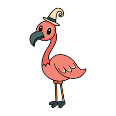 Naklejka premium A spooky yet fun Halloween scene with a flamingo dressed in a witch hat, standing by pumpkins and bats under a full moon, blending tropical vibes with spooky charm.