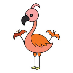 A spooky yet fun Halloween scene with a flamingo dressed in a witch hat, standing by pumpkins and bats under a full moon, blending tropical vibes with spooky charm.