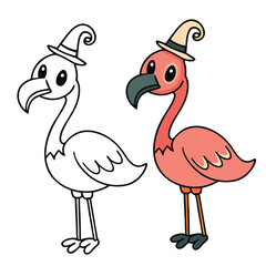 A spooky yet fun Halloween scene with a flamingo dressed in a witch hat, standing by pumpkins and bats under a full moon, blending tropical vibes with spooky charm.