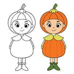 Adorable little girl dressed as a pumpkin, wearing a round orange costume with a green leafy hat, smiling brightly—perfect for Halloween or fall festivities.