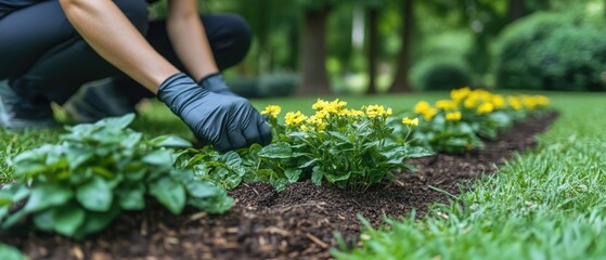 Gardener plants yellow flowers in a garden flowerbed with protective gloves
