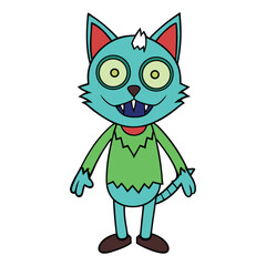 A spooky Halloween zombie bad cat with glowing eyes, torn fur, and a creepy grin stalks the night, spreading chills and chaos under the full moon's eerie glow.