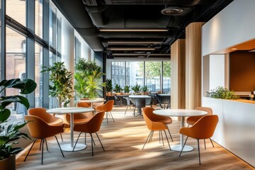 Fototapeta premium A modern commercial space featuring tables chairs and plant life