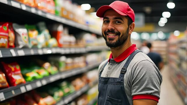 Grocery store employee smiling in red cap, showing service, friendliness, and dedication