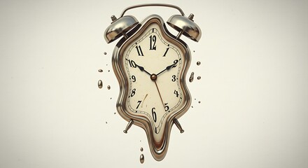 Surrealist style melting clock on white background