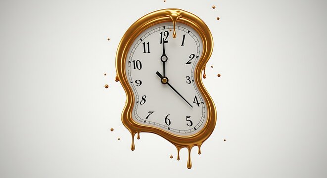 Surrealist style melting clock on white background