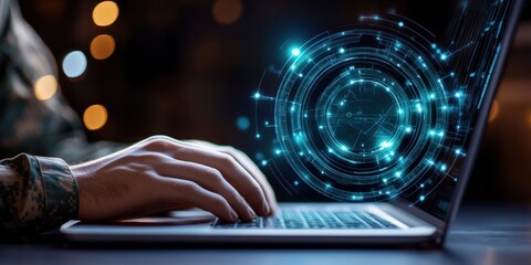 Soldier Using Laptop with Digital Interface Overlay