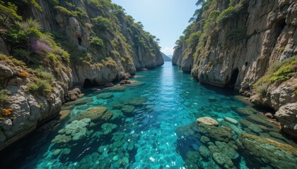 Obraz premium Secluded Emerald Cove Crystal-Clear Waters & Vibrant Coral Reefs