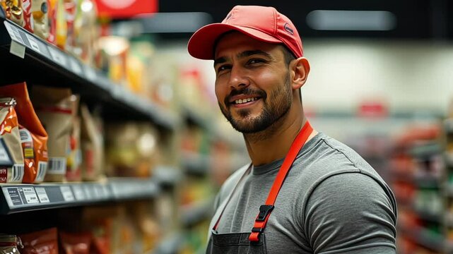 Grocery store employee smiling in red cap, showing service, friendliness, and dedication