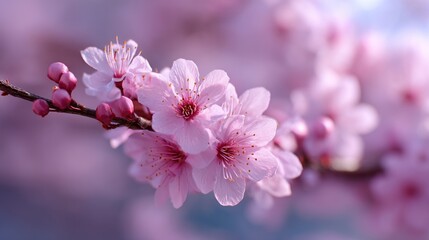 Fototapeta premium Blooming Cherry Blossoms on Branch with Buds in Soft Light