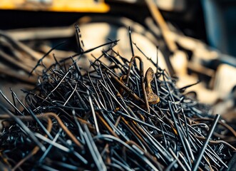 Fototapeta premium A pile of metal hair pins with black and brown colors, inside an industrial steel car as the background. In the foreground is a pile of many old, vintage barbed wires for photography. The image is pho