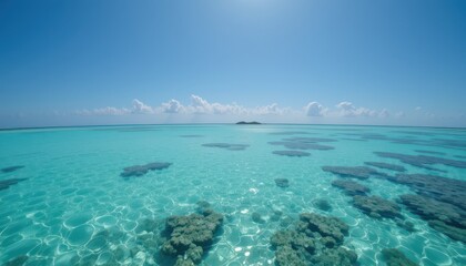 Fototapeta premium Panoramic View of Serene Atoll Crystal-Clear Waters and Vibrant Coral Reefs