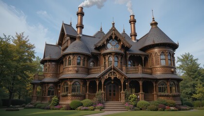 Obraz premium Steampunk Victorian Mansion A Copper & Gear Masterpiece with Rotating Turrets