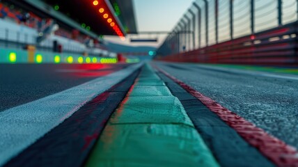 A captivating view of a pit lane exit at a race circuit, showcasing vibrant lighting and colorful markings on the asphalt track, perfect for motorsport enthusiasts.