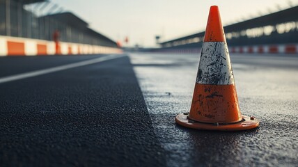 A close-up view of an empty F1 track featuring an orange traffic cone at the forefront, highlighting the asphalt surface and creating a tranquil racing atmosphere.