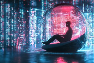 Futuristic Man Relaxing in Transparent Pod Surrounded by Digital Data Stream