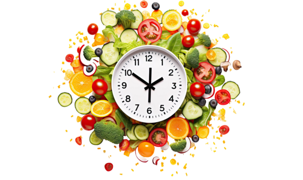 Diet Concept with Hour Clock Timer for Eating and Nutrition  on transparent backround 