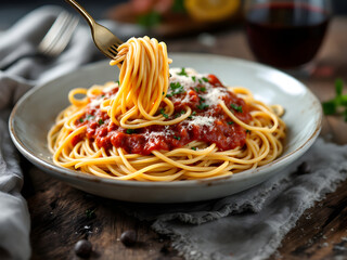 Delicious spaghetti with tomato sauce and parmesan being twirled on fork