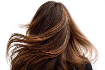 Naklejka premium Wavy brown female hair captured in smooth motion with soft gradient lighting showing natural volume shine and flow in close up beauty focused hairstyle portrait wallpaper