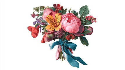 Obraz premium Vibrant floral bouquet with a teal ribbon.