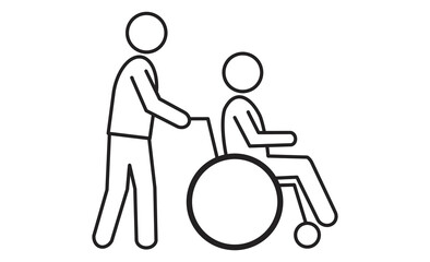車椅子利用者と介助者を描いた介護支援のアイコンイラスト
