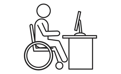 車椅子利用者がデスクでパソコン作業をするアイコンイラスト