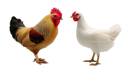 Fototapeta premium A white rooster and brown hen, domestic fowl from the farm, stand isolated showing their red and black feathers
