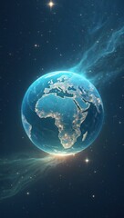 Obraz premium Glowing mezmerizing luminous ethereal terrestrial planet globe earth in space. Happy world earth international day campaign photo background backdrop text