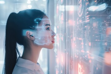 Woman Interacting with Futuristic Holographic Interface - Digital Technology and Innovation Concept