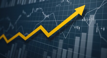 The image prominently features a bright yellow arrow pointing upwards over financial charts and graphs on a dark blue background, clearly symbolizing economic growth and positive market trends. 