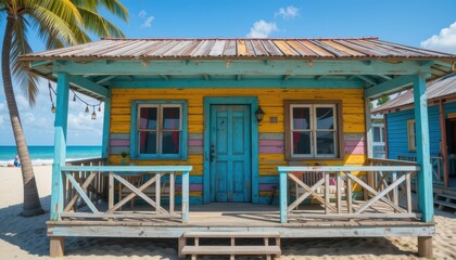 Obraz premium Vibrant Caribbean Beach Shack Colorful Cottage on Tropical Shore