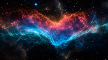 Obraz premium Nebula's Celestial Symphony: A mesmerizing cosmic vista unfolds, revealing vibrant hues of blue, orange, and red amidst a star-studded night sky.