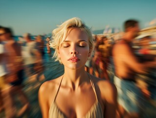 Blonde woman in swimsuit standing still with closed eyes on a crowded summer beach surrounded by blurred sunlit motion