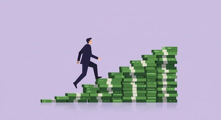Fototapeta premium The illustration depicts a figure in a business suit climbing a staircase constructed from stacks of money, representing the ascent to financial success and career growth. 