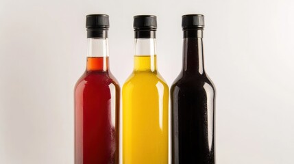Three Bottles of Different Colored Liquids Against a White Background