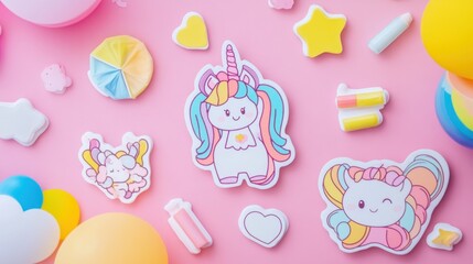 Adorable Unicorn Party Supplies on Pink Background