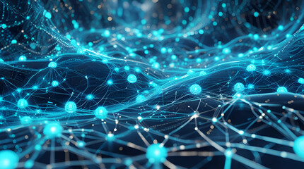 Obraz premium Futuristic digital landscape of AI and tech convergence with glowing neural pathways, electric blue nodes, and intricate silver circuits in a vibrant cyberspace.