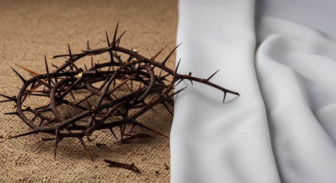 Close up of a crown of thorns on burlap next to a white cloth evoking themes of sacrifice and faith - Powered by Adobe