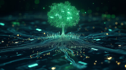 Digital Ecosystem: A vibrant digital tree flourishing at the core of a complex technological landscape, symbolizing interconnectedness and growth within the data sphere.