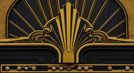Architectural detail of a building facade with art deco design in black and gold color scheme