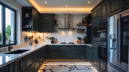 hidden lighting black cabinet kitchen design minimalist glossy white marble floor classic interior modern luxurious clean stylish calm layout elegant peaceful appearance premium photo inspiration