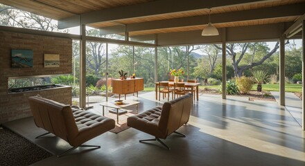 Fototapeta premium Living room with large windows overlooking a garden and furniture in a modern style home design