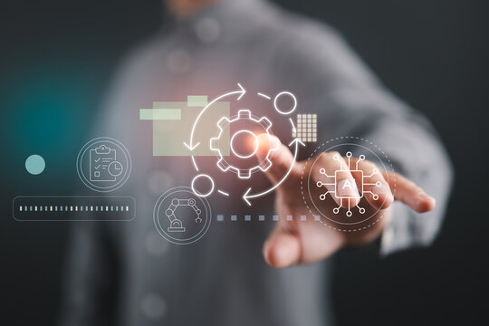 Touching automation icons for AI-powered workflow and process optimization.