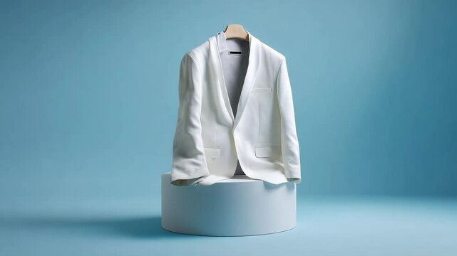 Minimalist beige blazer on hanger with teal background and soft studio lighting for fashion catalog Video 4K UHD 60 fps