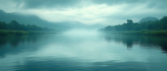 Fototapeta premium A tranquil river flows through a misty landscape, with trees and hills shrouded in a soft, ethereal light