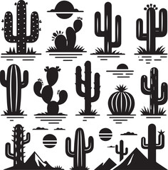 cactus set illustration, cactus set clipart, cactus set silhouette vector black and white